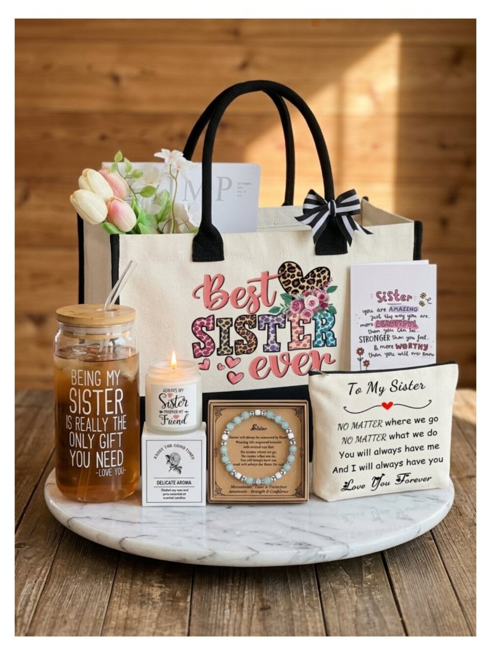Women's Canvas Tote Bag Gift Set with Makeup Bag Glass Cup Bracelet Candle